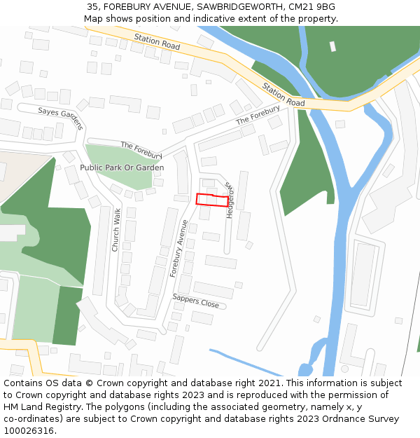 35, FOREBURY AVENUE, SAWBRIDGEWORTH, CM21 9BG: Location map and indicative extent of plot