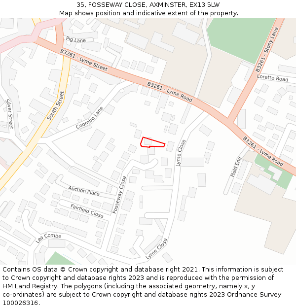 35, FOSSEWAY CLOSE, AXMINSTER, EX13 5LW: Location map and indicative extent of plot