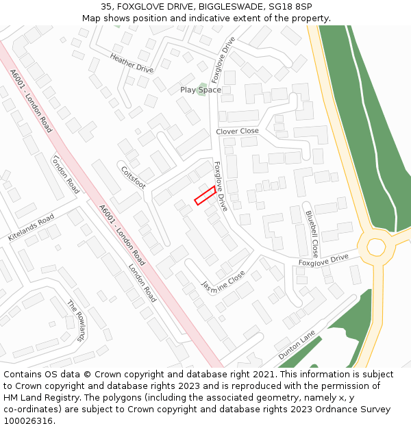 35, FOXGLOVE DRIVE, BIGGLESWADE, SG18 8SP: Location map and indicative extent of plot