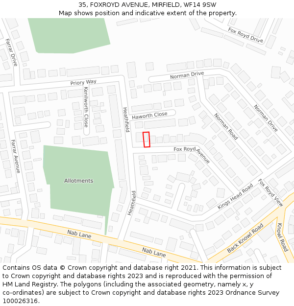 35, FOXROYD AVENUE, MIRFIELD, WF14 9SW: Location map and indicative extent of plot