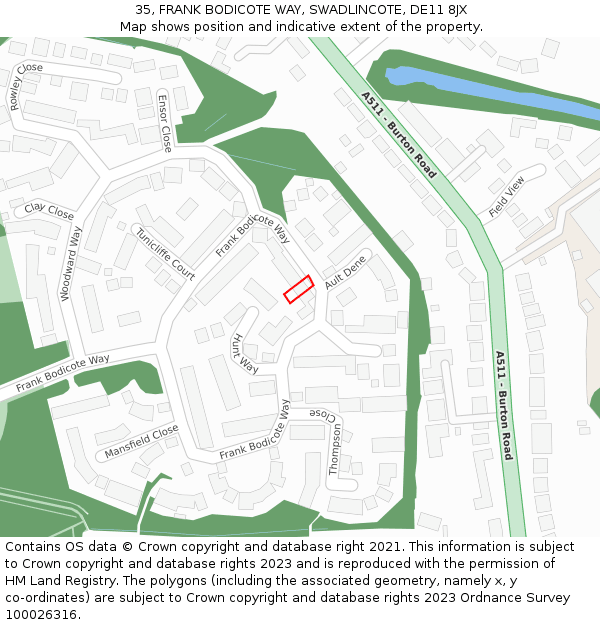 35, FRANK BODICOTE WAY, SWADLINCOTE, DE11 8JX: Location map and indicative extent of plot