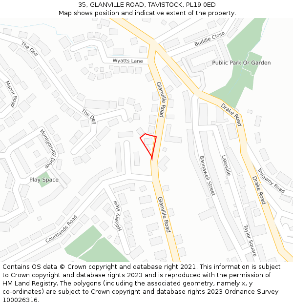 35, GLANVILLE ROAD, TAVISTOCK, PL19 0ED: Location map and indicative extent of plot