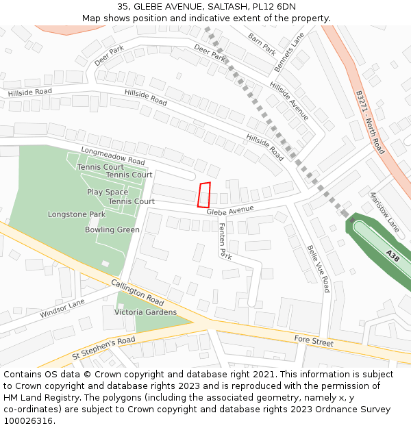 35, GLEBE AVENUE, SALTASH, PL12 6DN: Location map and indicative extent of plot