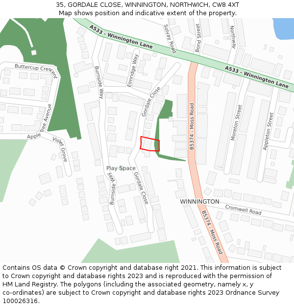 35, GORDALE CLOSE, WINNINGTON, NORTHWICH, CW8 4XT: Location map and indicative extent of plot