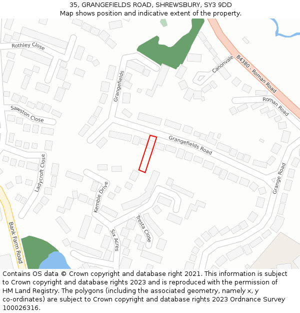 35, GRANGEFIELDS ROAD, SHREWSBURY, SY3 9DD: Location map and indicative extent of plot