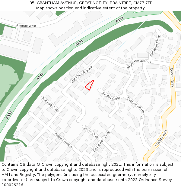 35, GRANTHAM AVENUE, GREAT NOTLEY, BRAINTREE, CM77 7FP: Location map and indicative extent of plot