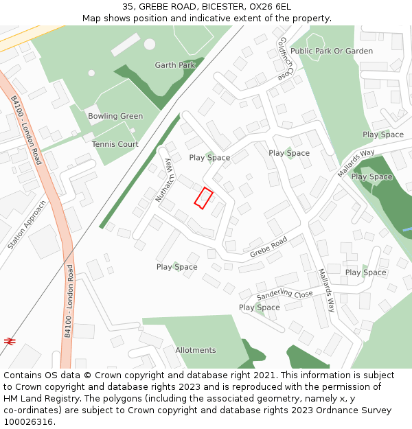 35, GREBE ROAD, BICESTER, OX26 6EL: Location map and indicative extent of plot