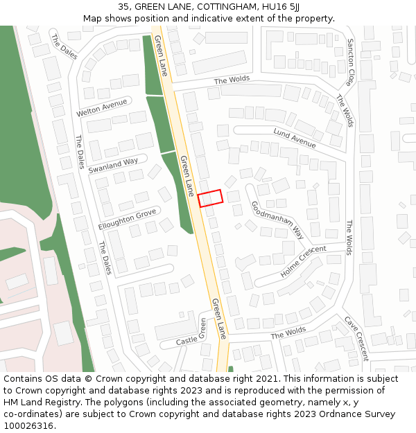 35, GREEN LANE, COTTINGHAM, HU16 5JJ: Location map and indicative extent of plot