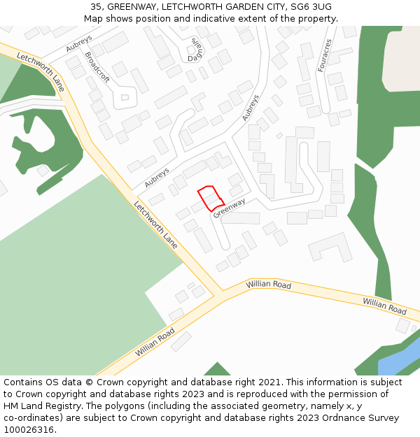 35, GREENWAY, LETCHWORTH GARDEN CITY, SG6 3UG: Location map and indicative extent of plot
