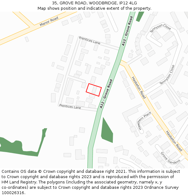 35, GROVE ROAD, WOODBRIDGE, IP12 4LG: Location map and indicative extent of plot