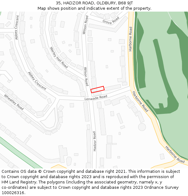 35, HADZOR ROAD, OLDBURY, B68 9JT: Location map and indicative extent of plot