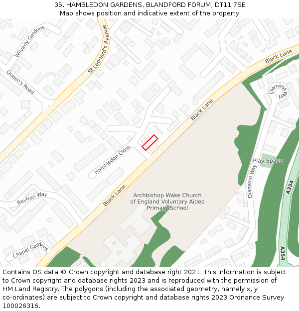 35, HAMBLEDON GARDENS, BLANDFORD FORUM, DT11 7SE: Location map and indicative extent of plot