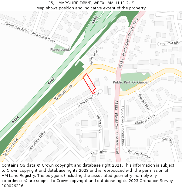 35, HAMPSHIRE DRIVE, WREXHAM, LL11 2US: Location map and indicative extent of plot