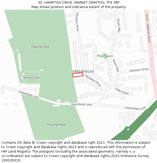 35, HAMPTON DRIVE, MARKET DRAYTON, TF9 3RP: Location map and indicative extent of plot