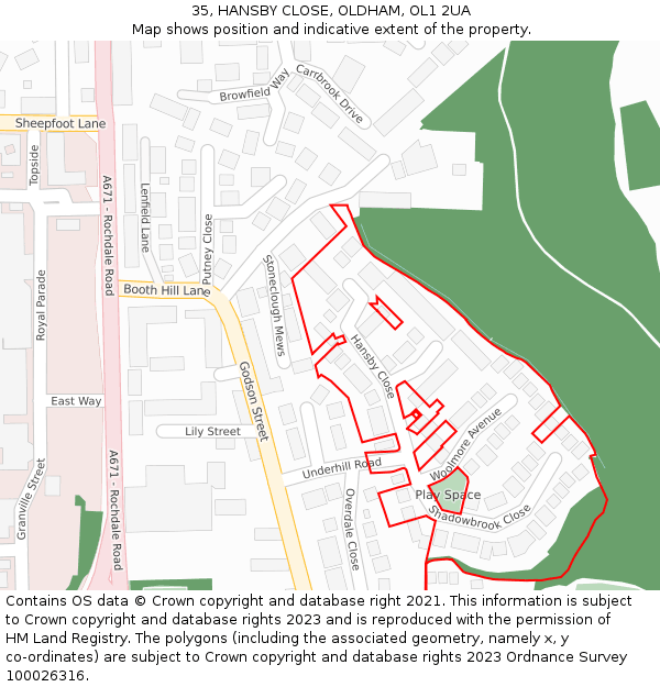 35, HANSBY CLOSE, OLDHAM, OL1 2UA: Location map and indicative extent of plot