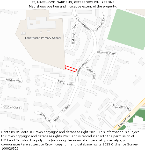 35, HAREWOOD GARDENS, PETERBOROUGH, PE3 9NF: Location map and indicative extent of plot