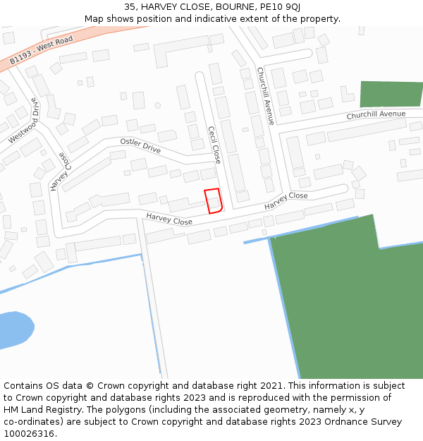 35, HARVEY CLOSE, BOURNE, PE10 9QJ: Location map and indicative extent of plot