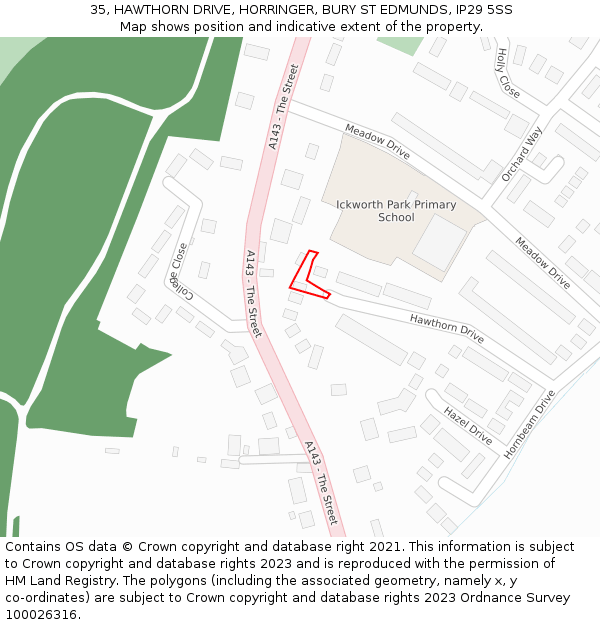 35, HAWTHORN DRIVE, HORRINGER, BURY ST EDMUNDS, IP29 5SS: Location map and indicative extent of plot