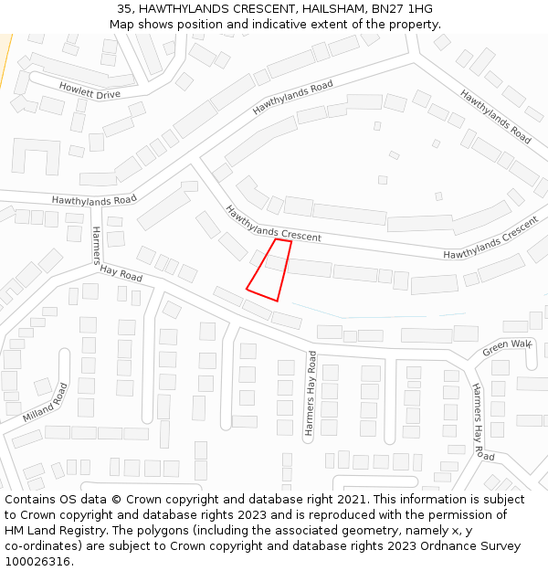 35, HAWTHYLANDS CRESCENT, HAILSHAM, BN27 1HG: Location map and indicative extent of plot