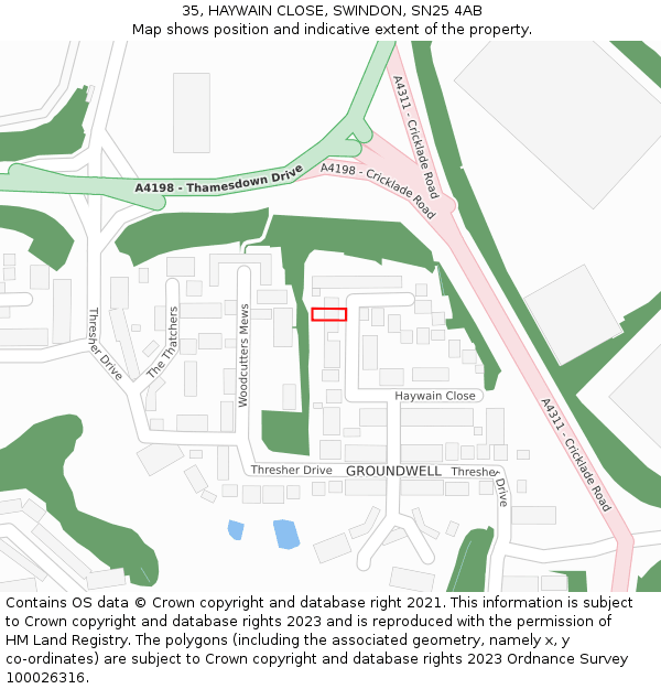 35, HAYWAIN CLOSE, SWINDON, SN25 4AB: Location map and indicative extent of plot