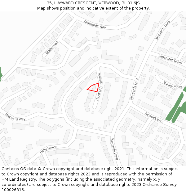 35, HAYWARD CRESCENT, VERWOOD, BH31 6JS: Location map and indicative extent of plot