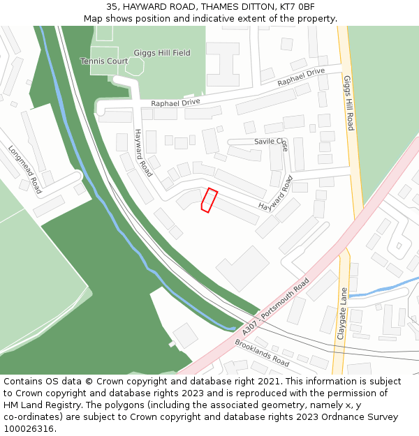 35, HAYWARD ROAD, THAMES DITTON, KT7 0BF: Location map and indicative extent of plot
