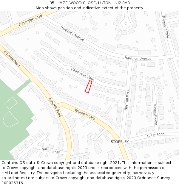 35, HAZELWOOD CLOSE, LUTON, LU2 8AR: Location map and indicative extent of plot