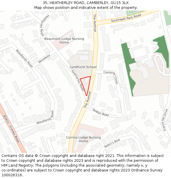 35, HEATHERLEY ROAD, CAMBERLEY, GU15 3LX: Location map and indicative extent of plot