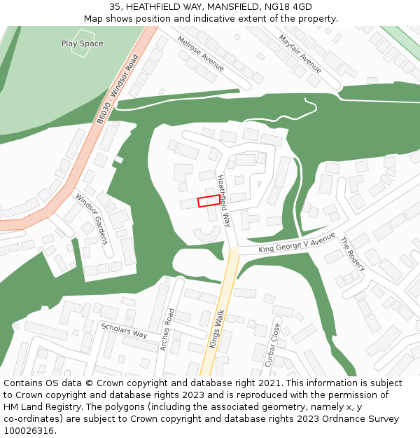 35, HEATHFIELD WAY, MANSFIELD, NG18 4GD: Location map and indicative extent of plot