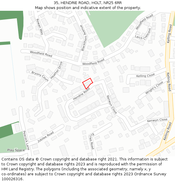 35, HENDRIE ROAD, HOLT, NR25 6RR: Location map and indicative extent of plot