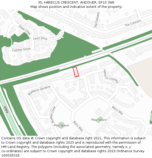 35, HIBISCUS CRESCENT, ANDOVER, SP10 3WE: Location map and indicative extent of plot