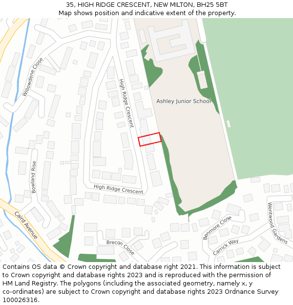 35, HIGH RIDGE CRESCENT, NEW MILTON, BH25 5BT: Location map and indicative extent of plot