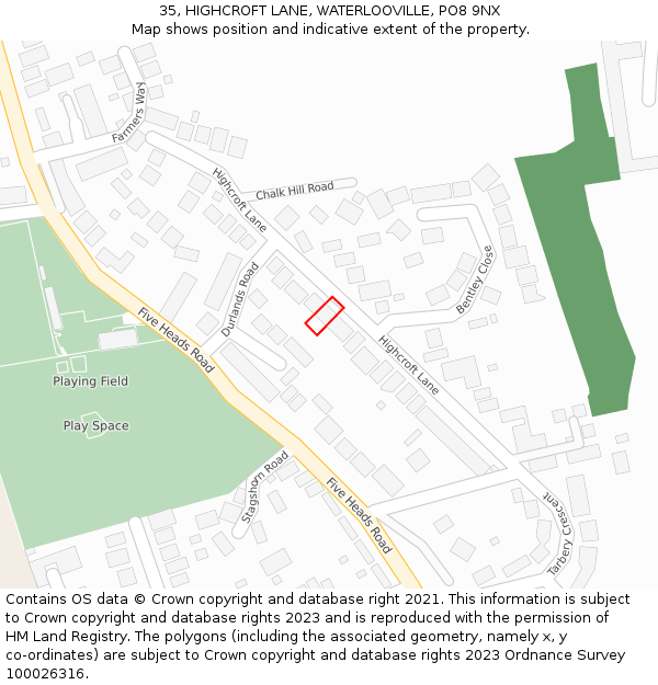 35, HIGHCROFT LANE, WATERLOOVILLE, PO8 9NX: Location map and indicative extent of plot