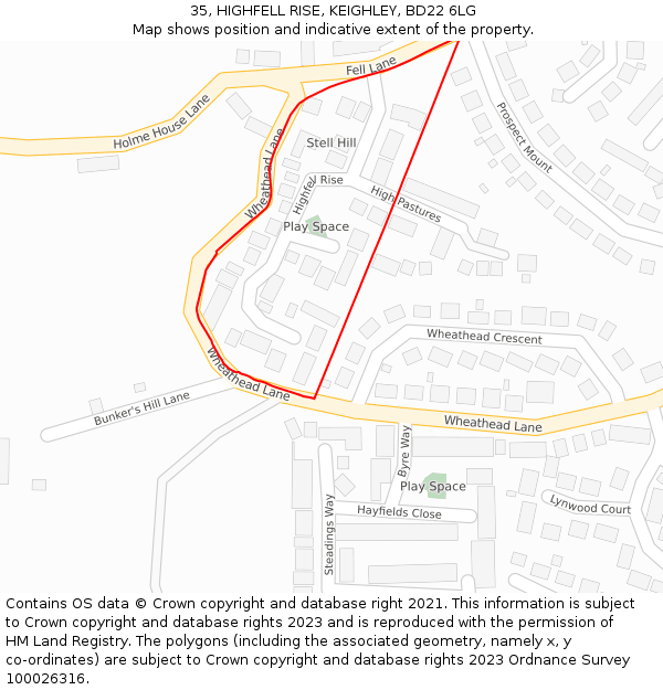 35, HIGHFELL RISE, KEIGHLEY, BD22 6LG: Location map and indicative extent of plot