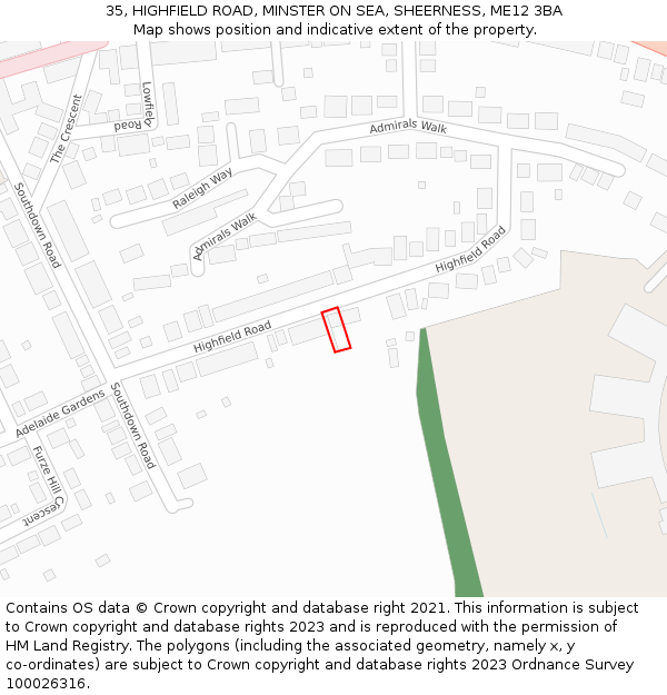 35, HIGHFIELD ROAD, MINSTER ON SEA, SHEERNESS, ME12 3BA: Location map and indicative extent of plot