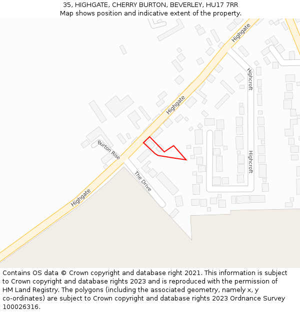 35, HIGHGATE, CHERRY BURTON, BEVERLEY, HU17 7RR: Location map and indicative extent of plot