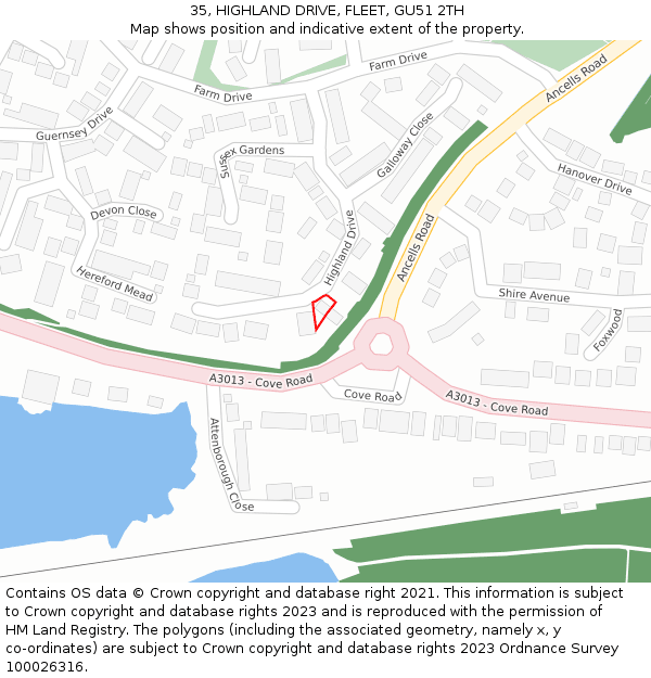 35, HIGHLAND DRIVE, FLEET, GU51 2TH: Location map and indicative extent of plot