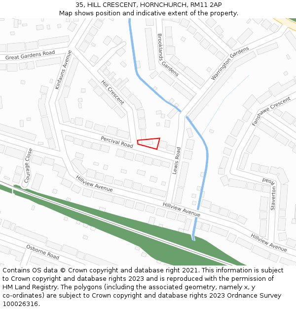 35, HILL CRESCENT, HORNCHURCH, RM11 2AP: Location map and indicative extent of plot