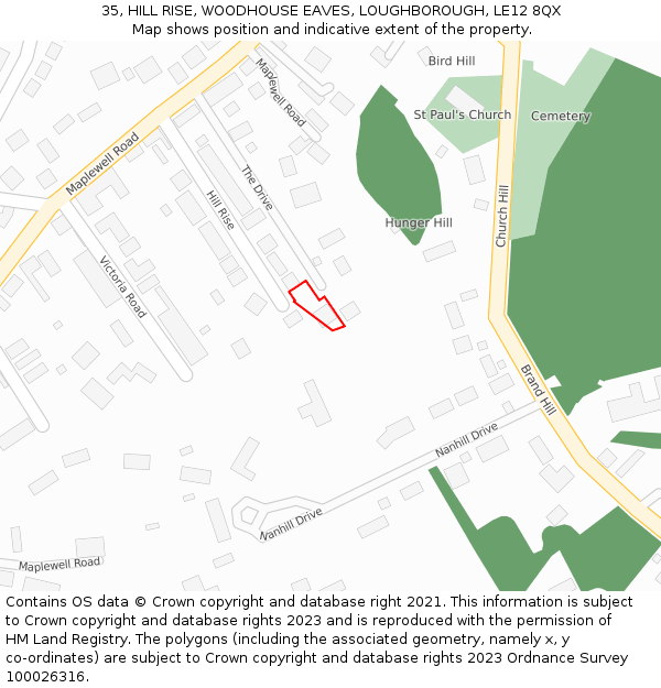 35, HILL RISE, WOODHOUSE EAVES, LOUGHBOROUGH, LE12 8QX: Location map and indicative extent of plot