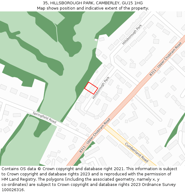 35, HILLSBOROUGH PARK, CAMBERLEY, GU15 1HG: Location map and indicative extent of plot