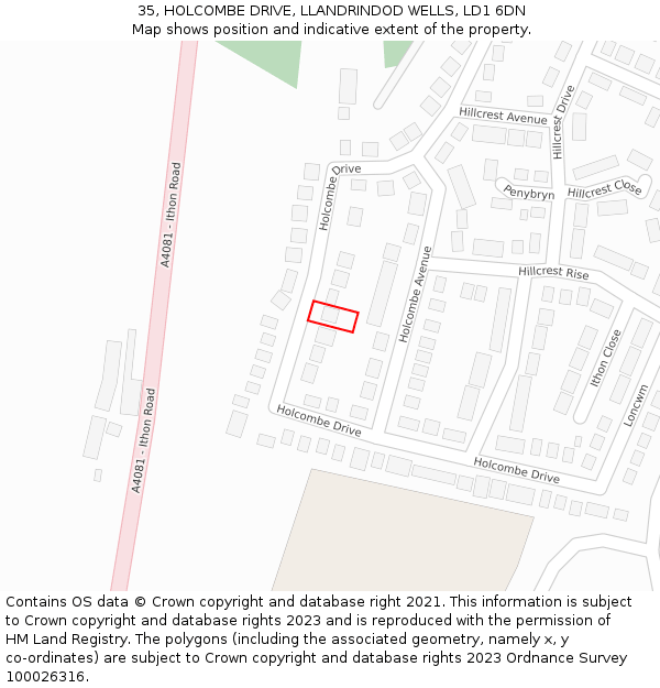 35, HOLCOMBE DRIVE, LLANDRINDOD WELLS, LD1 6DN: Location map and indicative extent of plot