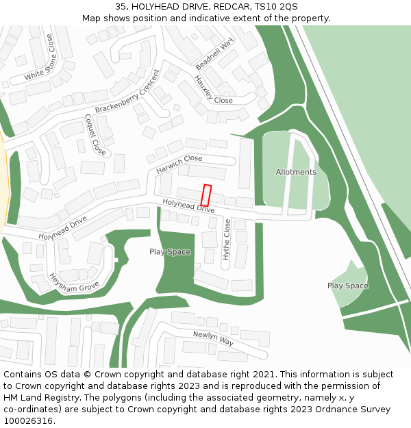 35, HOLYHEAD DRIVE, REDCAR, TS10 2QS: Location map and indicative extent of plot