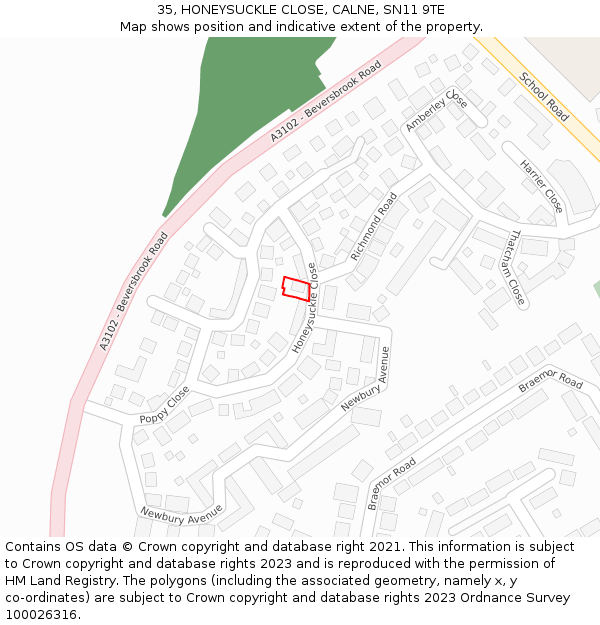 35, HONEYSUCKLE CLOSE, CALNE, SN11 9TE: Location map and indicative extent of plot