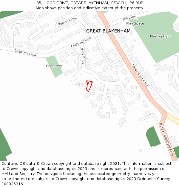 35, HOOD DRIVE, GREAT BLAKENHAM, IPSWICH, IP6 0NP: Location map and indicative extent of plot