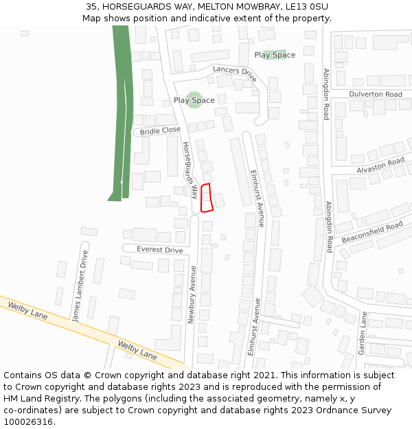 35, HORSEGUARDS WAY, MELTON MOWBRAY, LE13 0SU: Location map and indicative extent of plot