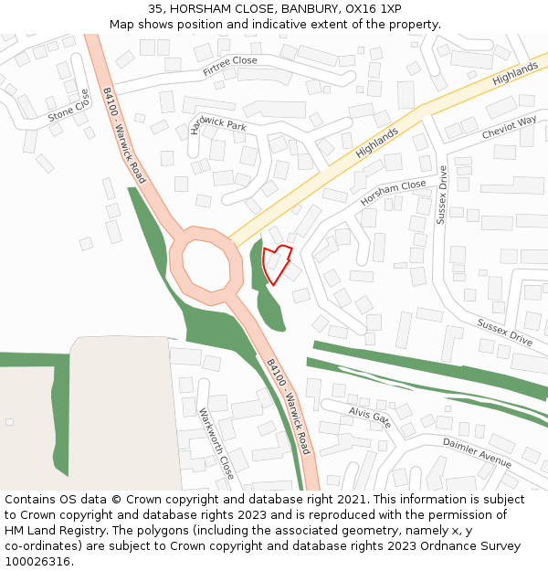 35, HORSHAM CLOSE, BANBURY, OX16 1XP: Location map and indicative extent of plot