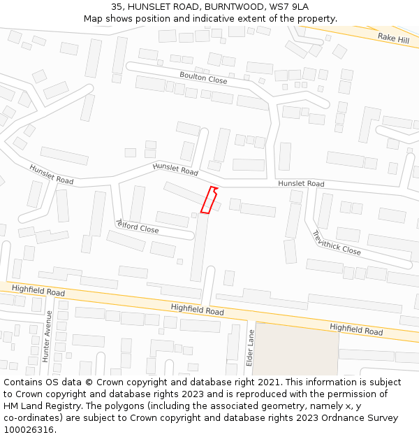 35, HUNSLET ROAD, BURNTWOOD, WS7 9LA: Location map and indicative extent of plot