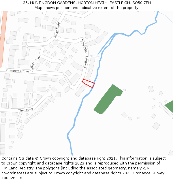 35, HUNTINGDON GARDENS, HORTON HEATH, EASTLEIGH, SO50 7FH: Location map and indicative extent of plot