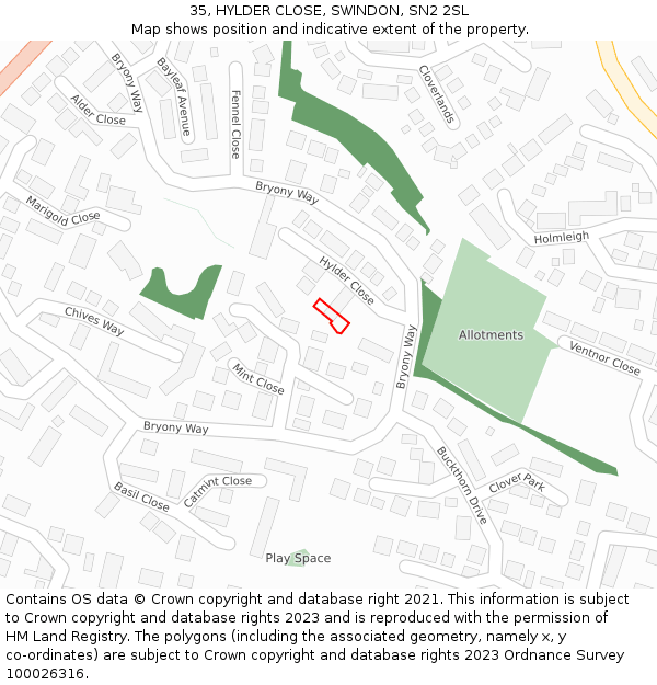 35, HYLDER CLOSE, SWINDON, SN2 2SL: Location map and indicative extent of plot
