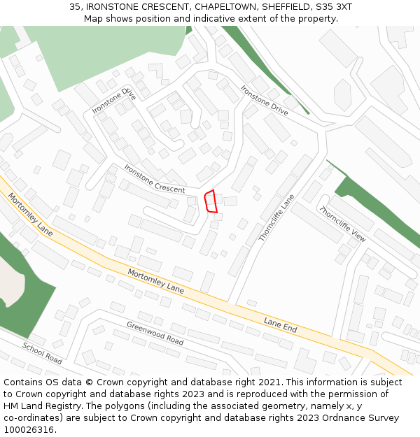35, IRONSTONE CRESCENT, CHAPELTOWN, SHEFFIELD, S35 3XT: Location map and indicative extent of plot